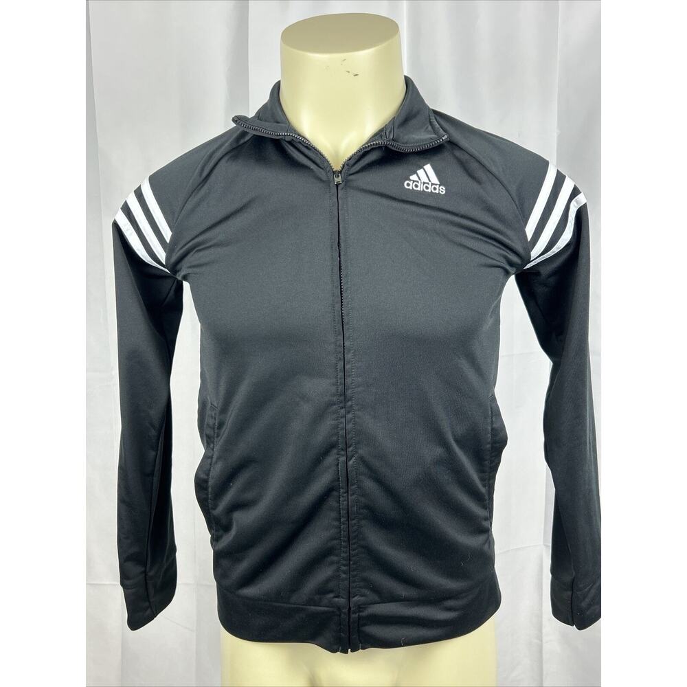 Adidas Track Zip Up Jacket Unisex Size L 14/16 Black Tricot Striped Activewear